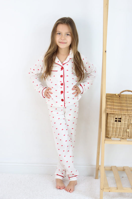 Kız Çocuk Pijama Takımı Pamuklu Kalp Desenli Uzun Kollu ve Nefes Alan Rahat Model 5-13 Yaş