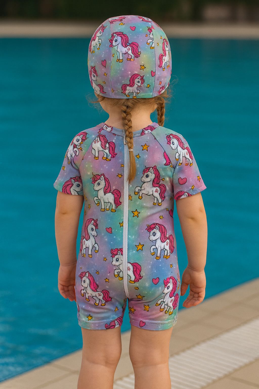 Kız Çocuk Unicorn Desenli Mayo ve Bone Seti 1-5 Yaş