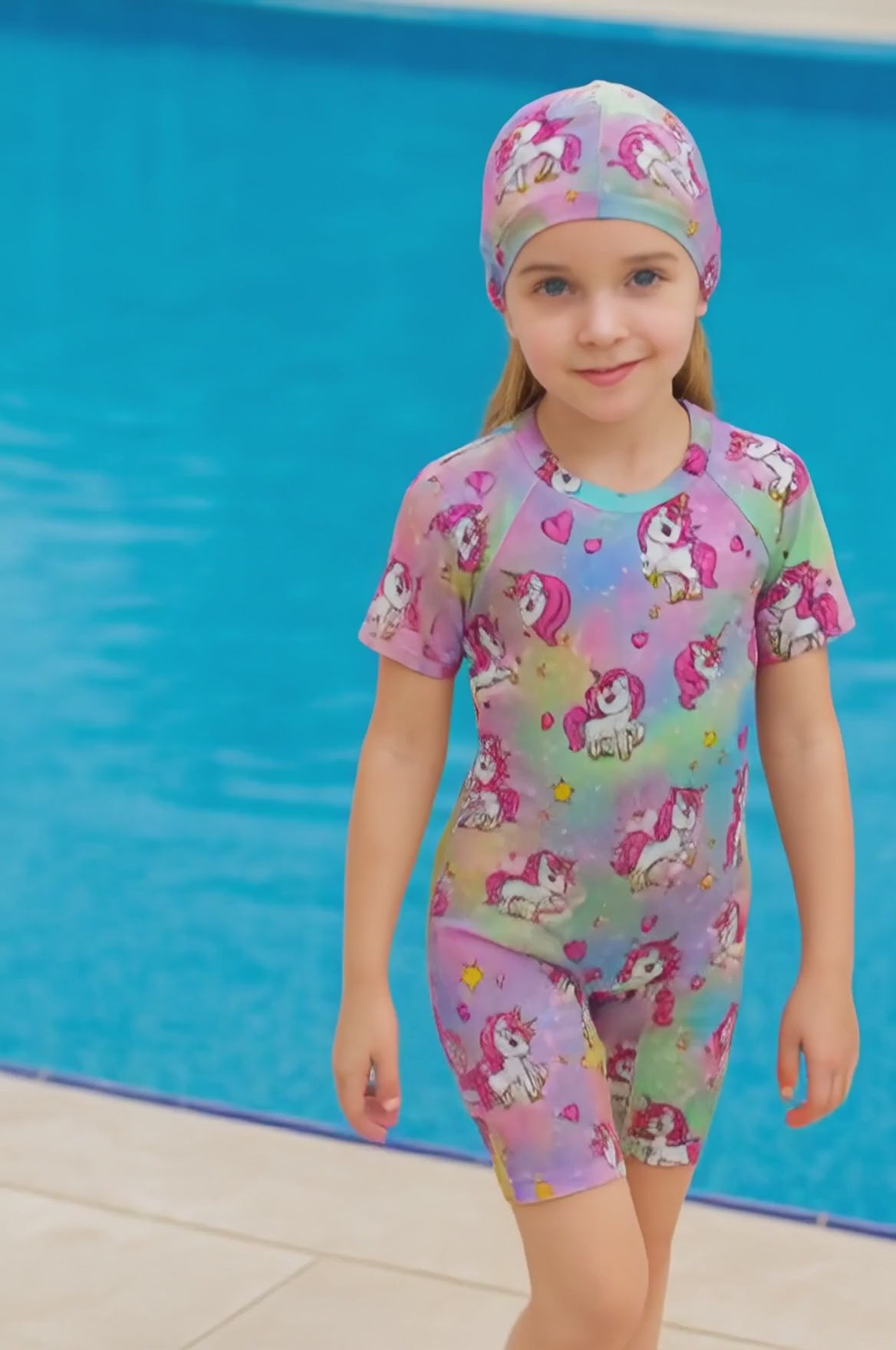 Kız Çocuk Unicorn Desenli Mayo ve Bone Seti 1-5 Yaş